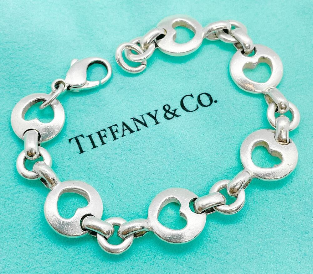 Tiffany & Co. Stencil Cutout Hearts Link Bracelet Sterling Silver Vintage 7"